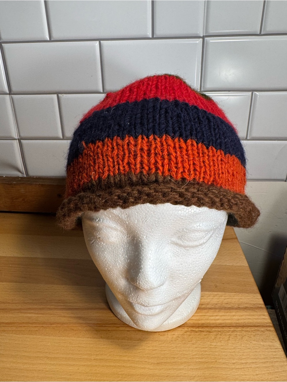 Striped Knit Beanie Hat in Red, Navy, Orange and Brown